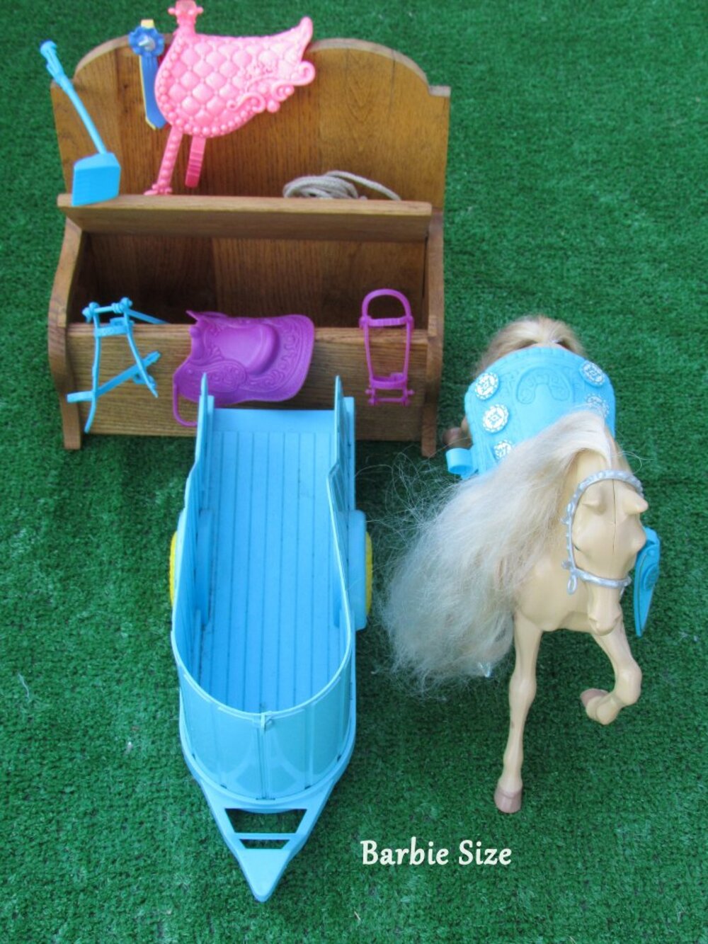 BARBIE WESTERN STAR HORSE + TRAILER, SADDLES, WOODEN TACK BOX BENCH, MISC LOT
